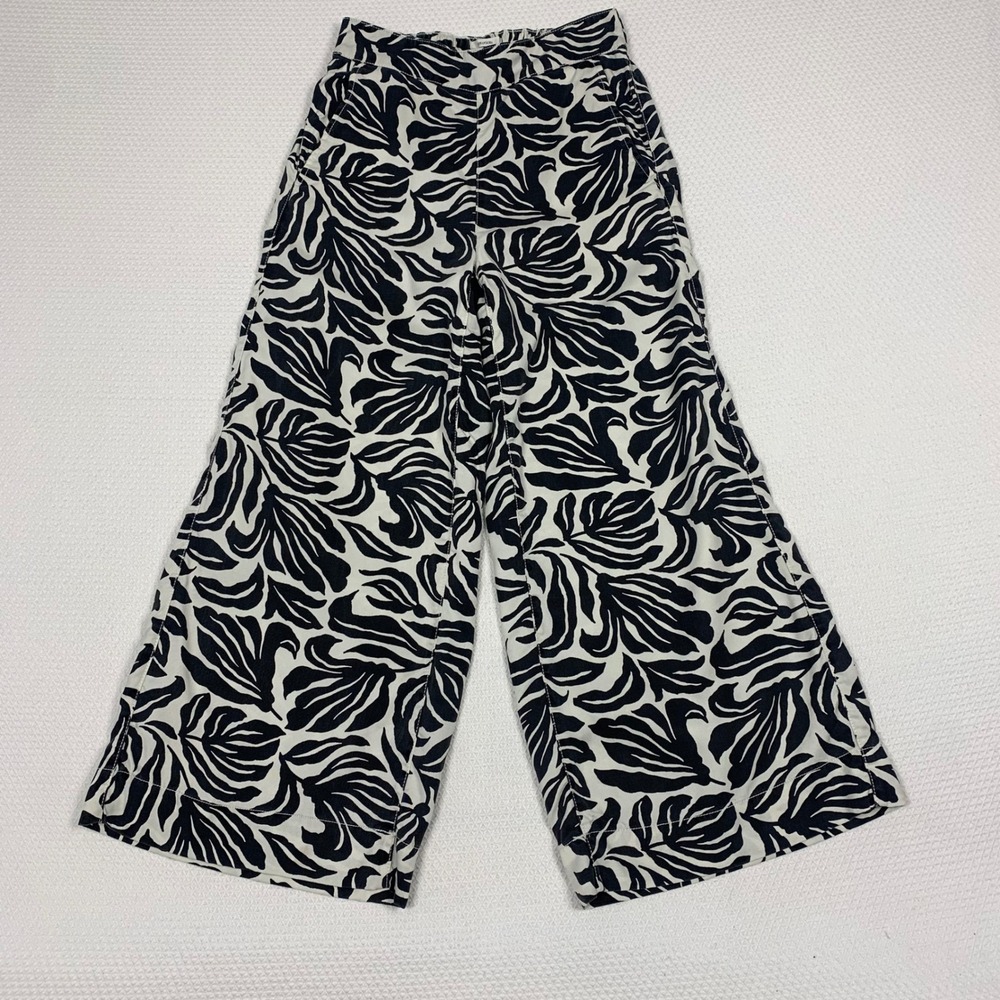 Nicole Miller New York Wide Leg Pants XS Black White Tropical Leaf Lyocell